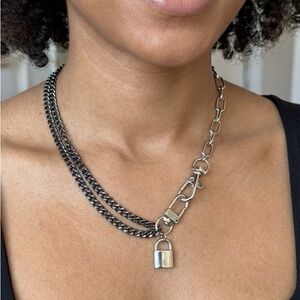 So Good For Life 15” Gunmetal & Silver Mixed Chain Necklace w/ Padlock Charm